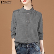 ZANZEA Womens Blouse Causal Stand Neck Long Sleeve Tops Retro Check Plaid Shirts #8