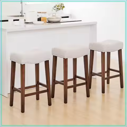 26in Solid Wood Saddle Backless Bar Stools Set of 3 Beige Counter Height with Footrest Nailhead Trim