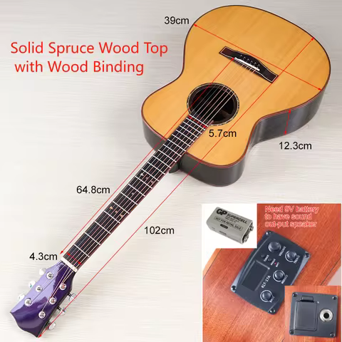 40Inch Electric Acoustic Guitar Solid Spruce Top 6 String Western Guitar Full Size Folk Guitar High 