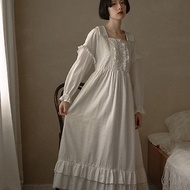 白色 法式方領古董洋裝 女木耳花邊繫帶高腰宮廷風連衣裙 小白裙