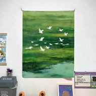 Healing-style flying bird oil painting tapestry,elegant fresh green egret decorative backdrop cloth 