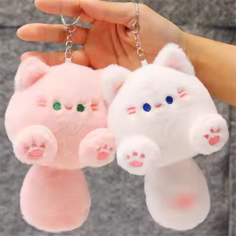 New Cute Cartoon Cat Key Chain Colorful Pink Coffee Cat Plush Pendant Creative Soft Fluffy Fashion K