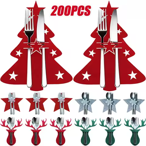 Christmas Cutlery Holder Knife and Fork Pocket Bag Cutlery Cover Star Tree Elk New Year Christmas Pa