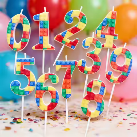 New Building Block Print Number Birthday Candle 0‑9 Digital Cake Topper Block Theme Colorful Cake De