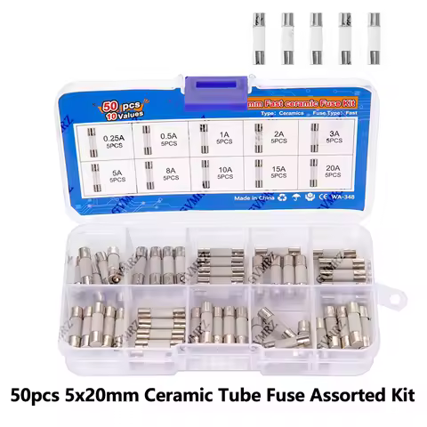 50pcs 5x20mm Ceramic Tube Fuse Assorted Kit Amp 0.25A 0.5A 8A 10A 15A 20A 250V with Storage Box 1A 2