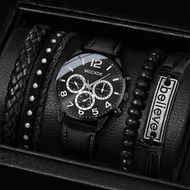 5ชิ้นชุดนาฬิกาข้อมือฮิปฮอปสำหรับผู้ชายย้อนยุคหน้าปัดใหญ่ควอตซ์นาฬิกาข้อมือชายสายหนังลำลองสีดำ reloj hombre