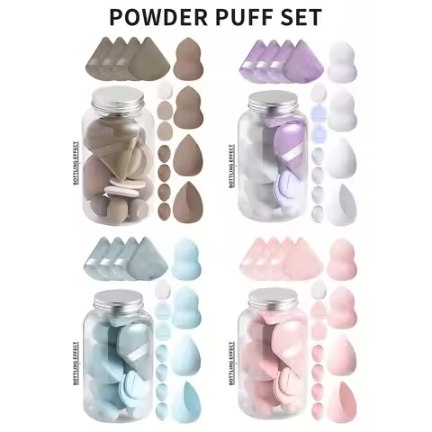 15pcs Mini Honey Pot Style Cosmetic Sponge Set - 4 Large Beauty Blenders, 4 Fan-Shaped Powder Puffs,