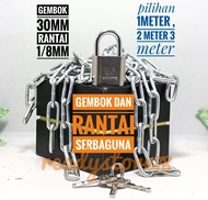 Paket Rantai Besi Kapal 1/8 + Gembok 30 mm / Rantai Gembok Serbaguna / Gembok Murah / Rante Gembok D