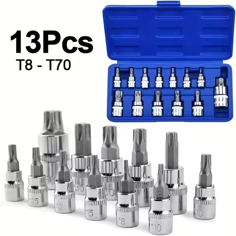 13Pcs Torx Bit Socket Set, S2 Alloy Steel Cr-V Steel Star Socket Torx Screwdriver Bits, 1/4 in T8-T3
