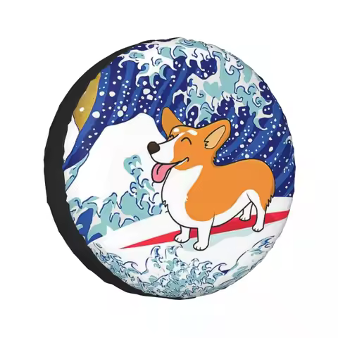 Corgi Dog Surfing The Great Wave Spare Tire Cover for Jeep SUV RV 4WD Mitsubishi 4x4 Wheel Protector