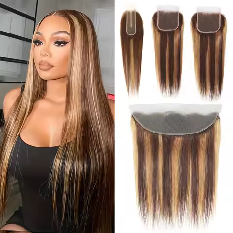Straight Highlight 2x6 4x4 5x5 13x4 Lace Frontal Closure Ombre Brown Honey Blonde 360 Lace Closure P