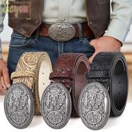 ECYOU Western Cowboy Belt, PU Leather Vintage Carved Buckle Embossed Belt, Luxury Retro Y2K Punk Roc
