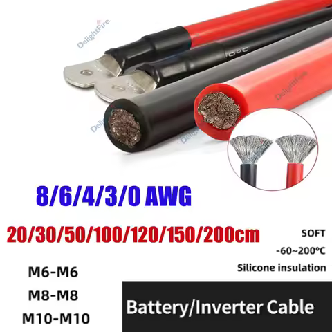Silicone Wire Soft Automotive Replacement Battery Cable 8 6 4 3 0 AWG Stranded Wire with M6 M8 M10 L