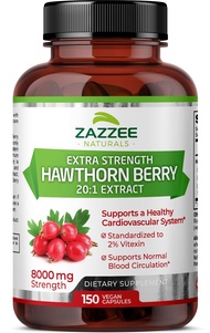 Zazzee Extra Strength Hawthorn Berry 20:1 Extract, 8000 mg Strength, 2% Vitexin, 150 Vegan Capsules,