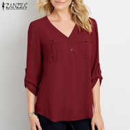 ZANZEA เสื้อเบลาส์ผู้หญิงผ้าชีฟองทรงแบ็กกี้แขนยาวเสื้อคอวีเสื้อยืดเรียบอัจฉริยะ #15