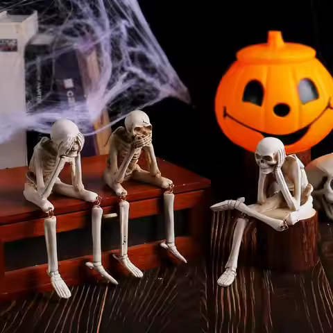 3 Pcs Resin See Hear Speak No Skeleton Figurines With Dangling Legs For Halloween Decor