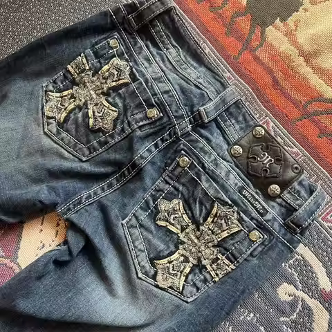 Harajuku Cross Bootcut Jeans Y2k 2000s Shining Diamond Jean Casual Denim Pants Straight Wide Leg Jea