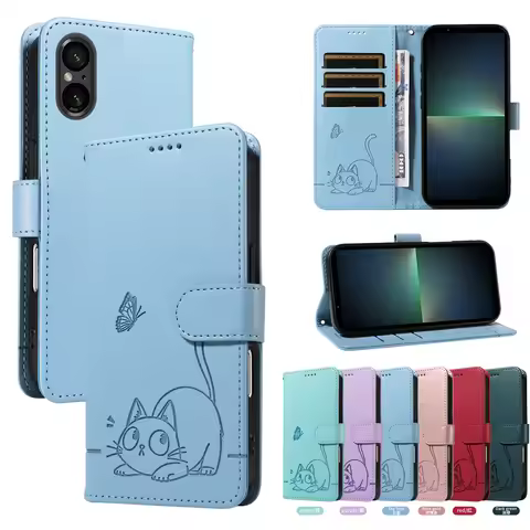 Magnetic Wallet Flip Leather Case for Sony Xperia 1 5 10 IV V VII Phone Cover Cute Cartoon Cat for S