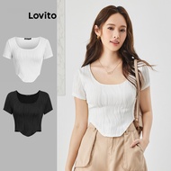 Lovito Casual Summer/Spring T-Shirt Texture Y2K Square Neck T-Shirt for Women L47AD002 (White) Lovit