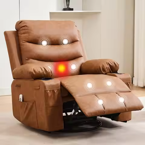 Leather Recliner Chair Nursery, Oversized Manual Reclining Rocking Chair, 360 Swivel Glider with Cup