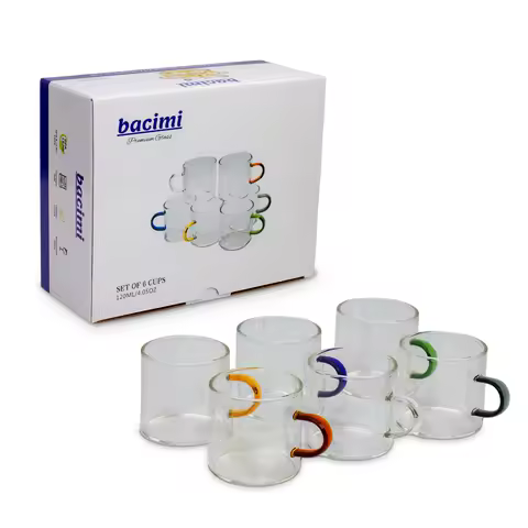 Bacimi® Clear Espresso Cups with Colorful Handles - Set of 6 / 4oz / 120ML - Borosilicate Glass Mugs
