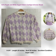 Girl's Purple and White Argyle Cardigan - Korean Brand