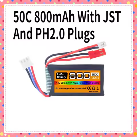 7.4V Li-Po Battery 50C 800mAh With JST And PH2.0 Plugs For Most 1/10,1/16,1/18,And 1/24 Scale RC Car