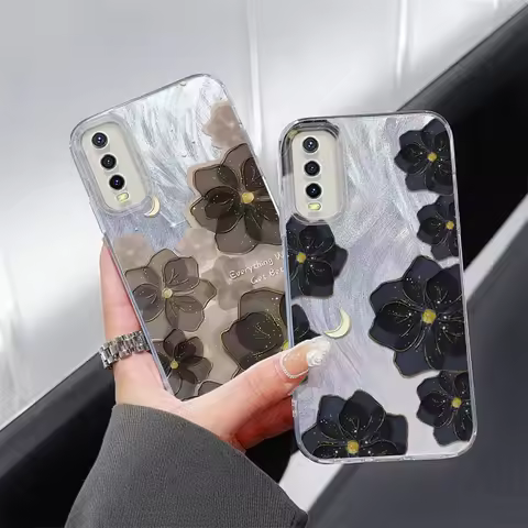 IMD Case For Vivo Y50 Y36 Y35 Y33 Y31 Y30 Y28 Y27 Y22 Y21 Y20 Flowers Moon Painting Pattern Feather 