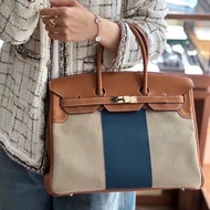 Hermes限量版Flag Birkin35 馬鞍皮拼帆布 淡金扣 35*25*18 98新配件鑰匙鎖塵袋
