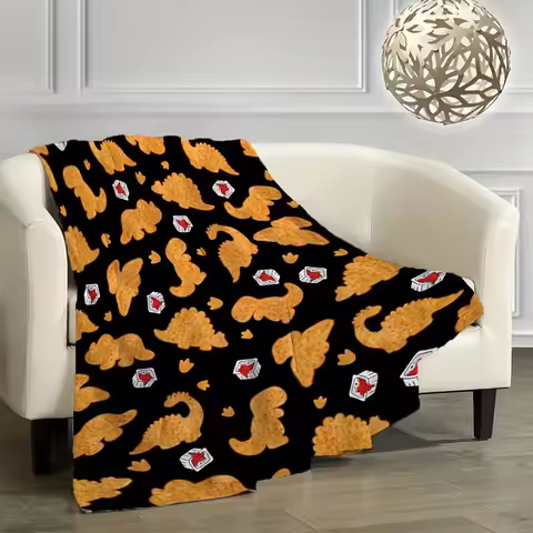 Dinosaur Snack Fleece Blanket, Fun Orange Dino & Snack Pattern Throw Blanket Popcorn for Autumn/Wint