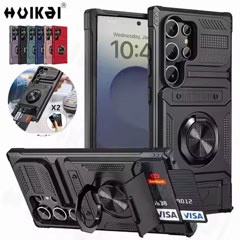 Case For Samsung Galaxy S25 Ultra S24 Plus S23 A56 A36 A55 Card Holder Rotated Ring Kickstand Layer 