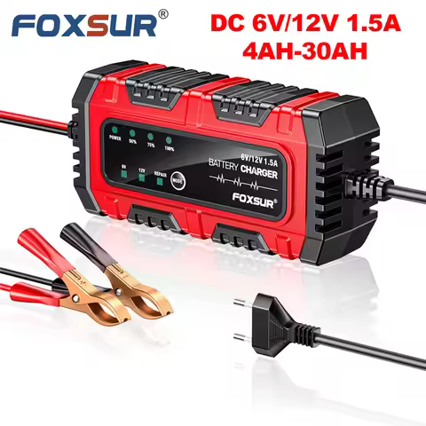 FOXSUR 6V 12V 1.5A Battery Charger 4AH-30AH Car Motorcycle LiFePo4 AGM EFB GFL Battery Maintainer