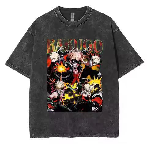 2026 My Hero Academia Deku & All Might Print T-shirt Black Washed Oversized Cotton Casual Streetwear