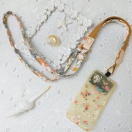 三合一多功能奶茶色蝴蝶森林韓國棉布手機斜背繩/斜背帶/背繩/掛