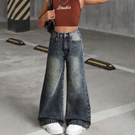 Tween Girl Y2K Fashion วินเทจ 2000s Retro Washed Baggy Denim Wide Leg Jeans, Fall Winter Back To Sch