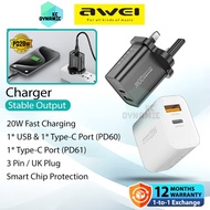 Awei PD60 20W Fast Charging Charger Adapter USB Wall Charger 20W Charger Adaptor Awei PD61 UK 3 Pin 