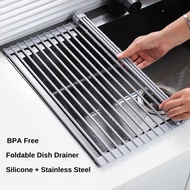 Dish Rack Drainer Stainless Steel with Silicone Cover Kitchen Dish Drying Cooling Rack Foldable Sink Draining Bowl Plate