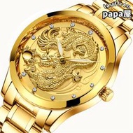 翡浪品牌手錶男非機械錶 防水夜光石英超薄鋼帶黃金色龍表時尚