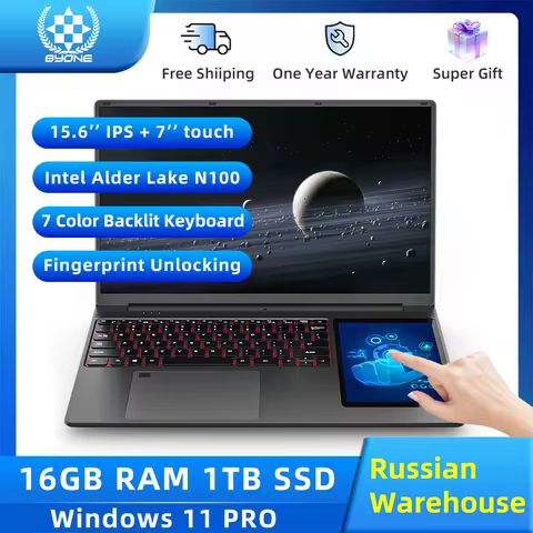 BYONE Dual Screen Laptop 15.6" + 7" Touch Screen Intel N100 16G RAM 512G 1T SSD 7 Color Keyboard Bac