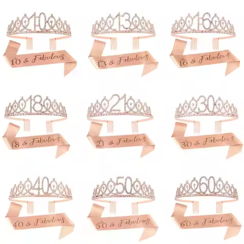 Birthday Tiara Crown and Sash for Women Girls Sweet 13th 16th 21st 30th 40th 50th 60th Birthday Part