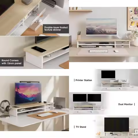 Monitor Stand, Dual Monitor Riser, 42.5inch Large Desk Computer Monitor Stand Riser with Drawer, 2 T