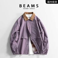 BEAMS JUNCO Spring Fashion Color Block Collar Jacket Mens Outerwear Polyester Fiber Urban Style Long