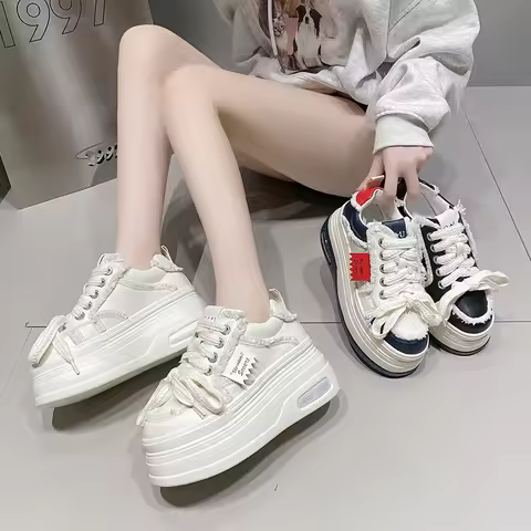 Women's Fashion Chunky Sneakers Women Autumn Lace Up Platform Sports Shoes 8CM Thick Bottom High Hee