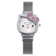 Children's Mesh Strap Watches, Silver and Gold, Student Cartoon KT Cat Girl Quartz Watches, Magnetic