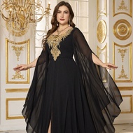 Plus Size Scoop Neck Dress With Extra Long Flutter Sleeves, Gold Sequin Panel Decor, Waist Cinched D