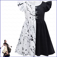 Movie Cruella de Vil Cosplay Costume For Children Kids Cruella Round Neck Dress Halloween Camouflage