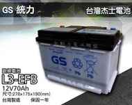 全動力-GS 統力 L3 LN3 EFB 歐規 70Ah 免加水 汽車電池 啟停車 怠速熄火