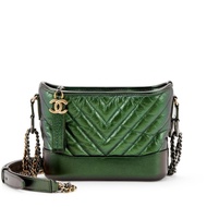 Chanel Metallic Green Chevron Quilted Aged Calfskin Small Gabrielle Hobo Gold and Ruthenium Hardware, 2019