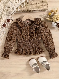 Vintage Style Girls Trendy Leopard Print Flutter Trim Long Sleeve Shirt Comfy Tops Spring Fall Christmas Gift