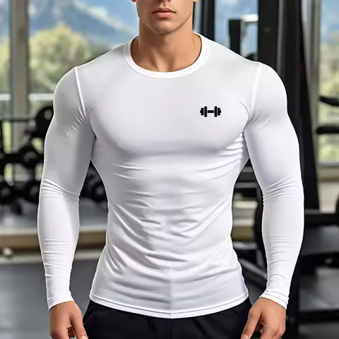 Mens Long Sleeve Running T-Shirts Autunm Anti-Wrinkle Crewneck Gym Workout Dumbbel Muscle Slim Fitte